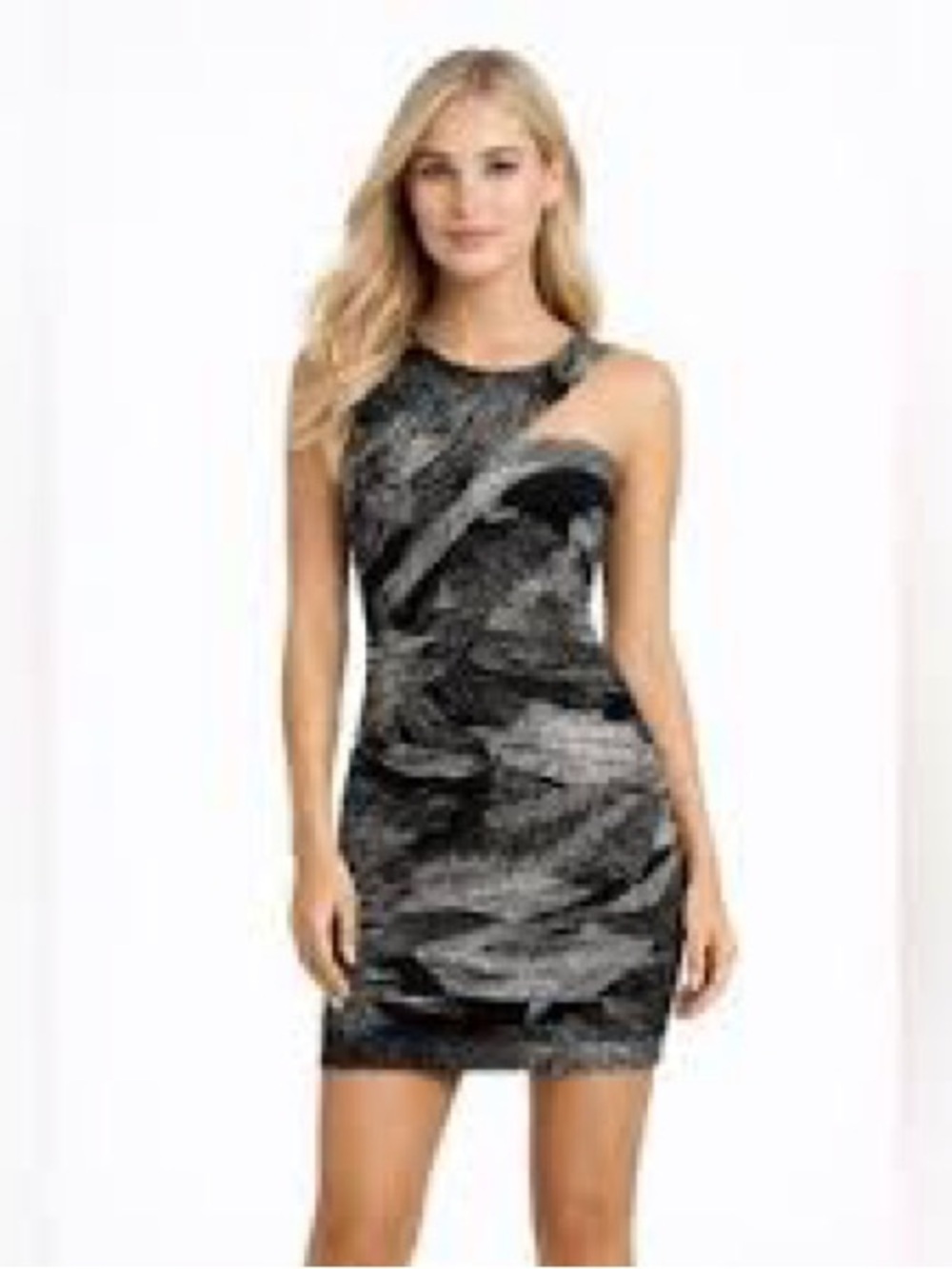BCBG Stylish Black and Gray Feather Print Dress size 8